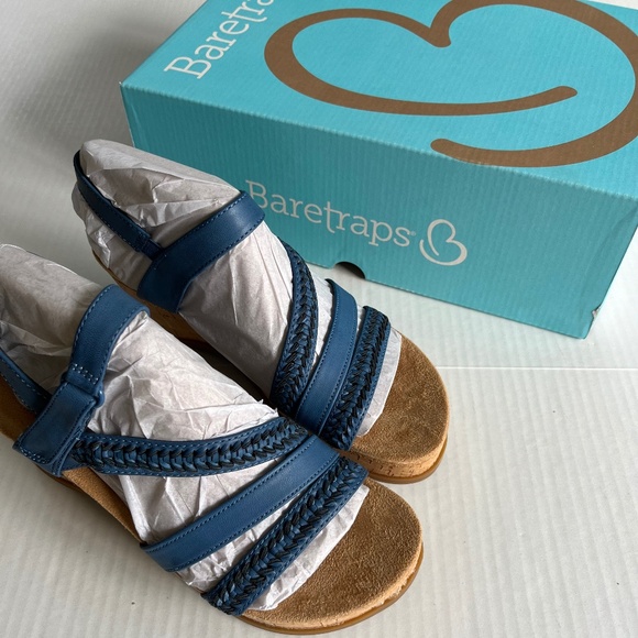 Baretraps Sz 6 M Ciara Blue Wedge Cork Heel Sandals Open Toe Straps - Picture 1 of 8